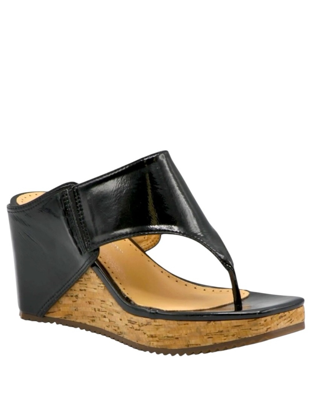 AV Sandals Wedge Thong Excellent Cork Patent Black Size 7